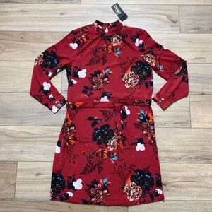 Only Womens High Neck Belted Floral Dress Size 38 US 6 Dark Red